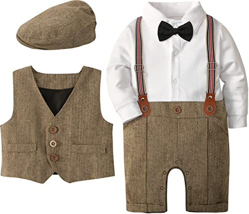 mintgreen 3pcs Bébé Ensembles Costume Manteaux Formel pour Mariage Baptême Soirée Noël Festival Blazer Set, Marron, 9-12 Mois, 80