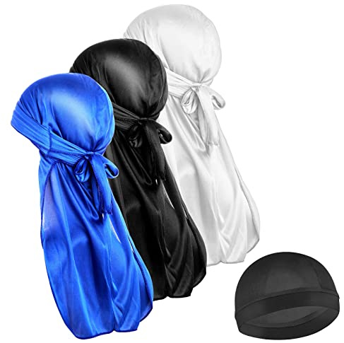 Sibba Durag Turbante de Cola Larga 4 Unidades elástico Suave Transpirable para Hombres Mujeres Correr Fitness Ciclismo Senderismo Camping Negro Azul Blanco