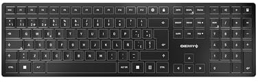 Cherry KW 9100 Slim, Teclado Inalámbrico de Diseño, Distribución de Teclado Español (QWERTY), Opción Bluetooth o Radiofrecuencia 2,4 GHz, Teclas Planas, Recargable, Negro/Gris