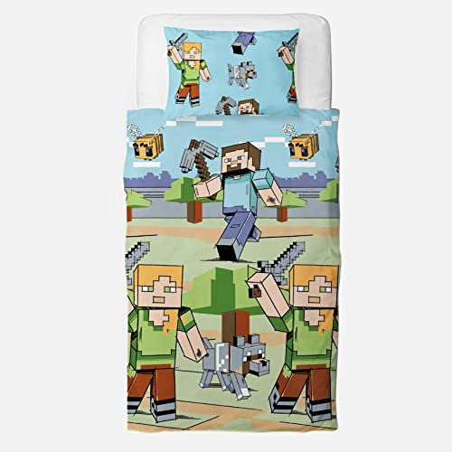 Character World Minecraft Official Single Duvet Cover Set | Adventures Gaming Design Reversible 2 Sided Bedding Including Matching Pillow Case Brands Single Bed Set