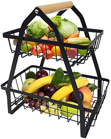 TRMLBE Cesta de Frutas - Cesta de Pan Desmontable de Metal de 2 Niveles con Mango de Madera - Soporte de Frutas de Múltiples Niveles para Almacenar Frutas, Verduras, Aperitivos, Color Negro