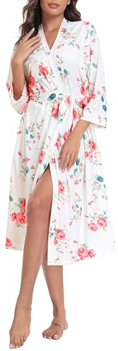 Lovasy Dressing Gowns for Women UK Long Women's Robe Soft Ladies Kimono Dressing Gowns Lightweight Knit Bath Robes for Women Loungewear Nightwear with Pocket for All Seasons,Floral White,M