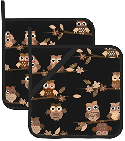 Set di 2 presine da cucina, con simpatiche stampe di gufi marroni, resistenti al calore, antiscivolo, per cucina, cucina, barbecue, presine con tasche