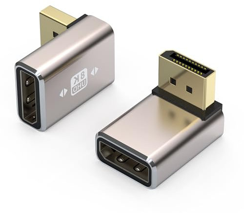 VMOJO Paquete de 2 adaptadores de acoplador DisplayPort, carcasa de aleación 8K UHD HDR Displayport (DP) 1.4 ángulo descendente de 90 grados macho a hembra, convertidor de conector de extensión 8K a