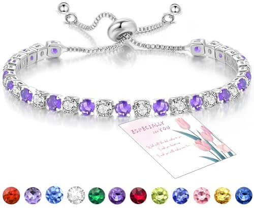 Suyi Tennis Bracelet Birthstone Cubic Zirconia Bracelet Silver Silder Bracelet Birthday Jewellery February Birthstone Bracelet