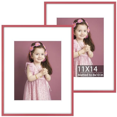 Golden State Art 2-Pack 11x14 Aluminum Picture Frames with 8x10 Mat - Pink Metal Photo Frames, Shatter-Resistant Plexiglass, Wall Mountable for Home & Office Decor, Horizontal or Vertical Display