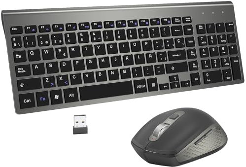 Español Teclado y Ratón Inalámbrico - USB Tamaño Completo QWERTY Ergonómico Teclado Inalámbrico Ratón Silencioso Portátil para PC/Laptops/Smart TV - Nero
