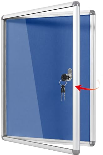 Tablero de anuncios con cerradura Swansea 360x270mm, tablero de pines a prueba de manipulaciones para hogar, oficina, escuela, comercio, de fieltro azul (PIN 1xA4)