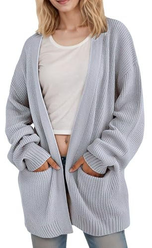 Jhsnjnr Women's Oversized Long Lantern Sleeve Open Front Sweater Chunky Knit Boyfriend Cardigans Grey