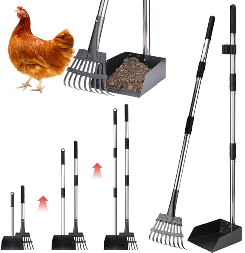 BABORUI Metal Chicken Poop Scooper Kit – Adjustable Height 15-38, Heavy-Duty Rake & Shovel Set for Chicken Coop Cleaning, Detachable Stainless Steel Poop Shovel for Chicken Coop Accessories