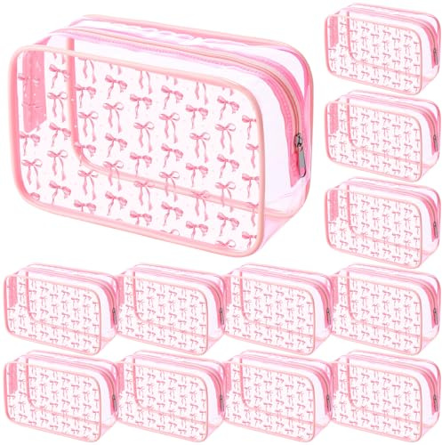 Kacctyen 12 Pcs Pink Bow Cosmetic Bag Coquette Preppy PVC Makeup Bag Bulk Clear Zippered Travel Toiletry Pouch Gift for Women Birthday Party Favor Bridal Shower