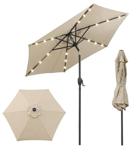 COSTWAY Ombrellone da Giardino 230 cm, Ombrello per Esterni con inclinazione Regolabile, 18 Luci LED, Manovella e Tettuccio Ventilato, Ombrello per Giardino, Cortile, Piscina (Beige)