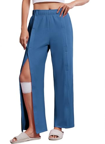 Deyeek Women's Tear Away Pants with Pockets Easy Access Adaptive Pants After Hip Knee Leg Surgery Breakaway Lounge Sweatpants, Heather Blue, S