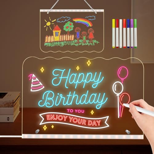 LED Message Light Board, tableau à dessin LED 30 x 20 cm en acrylique avec 7 stylos de couleur, tableau lumineux transparent et effaçable à sec, idéal pour la décoration de cafés, bars et restaurants