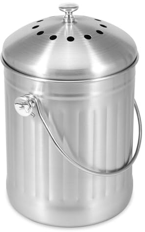 Recipiente para compostaje de cocina de 5 l, con tapa y asa, 18,5 x 28,5 cm, con algodón filtrante, metal, sin BPA, inodoro, para la cocina