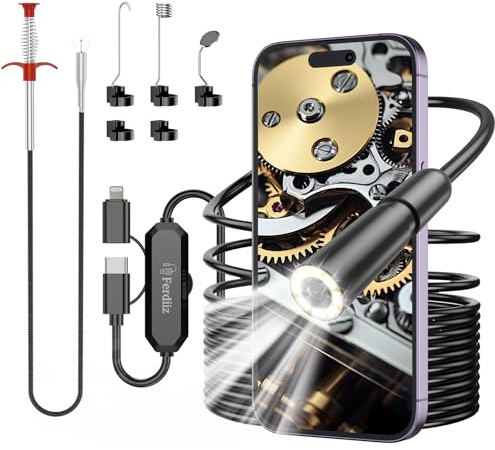 Ferdiiz Camera Endoscopique avec Lumière, 1920P HD Endoscope Camera pour Téléphone Portable avec 8 LEDs, Câble Semi Rigide de 5M, Nettoyeur de Canalisation Spirale 160cm, Pince Griffe pour Égouts