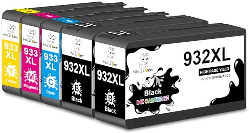 Miss Deer Cartucho de Tinta 932XL 933XL Compatible con HP 932 933 Tinta de Trabajo con HP OfficeJet 6600 6700 7110 7510 7612 7610 6100 Impresora,5 Paquete (2 Negro,1 Cián,1 Magenta,1 Amarillo)