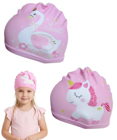 GAJUS 2 Pack Gorros de Natación para Niñas con Diseño Unicornio, Gorros de Piscina de Tela Suave y Elástica para Niños de 1 a 8 Años, Gorro de Baño para Pelo Largo y Corto