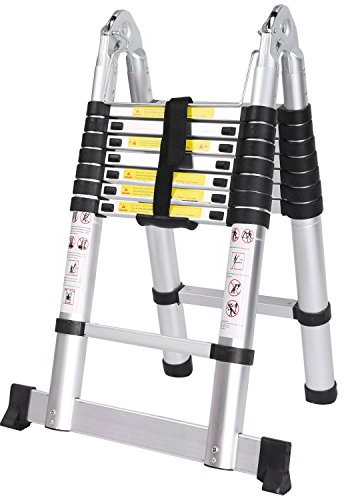 Meditool 5M Escalera Plegable Aluminio,2,5M+2,5M Escalera Telescópica, Escalera Plegable Portátil,16 Escalones Antideslizantes,Soporta hasta 150 kg