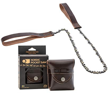 Nordic Pocket Saw Motosierra de Mano - Sierra de Cadena 65 cm - Sierra de Cable PREMIUM con Asas y Funda de Piel - Sierra Manual de Bolsillo Portátil - Sierra Supervivencia Acampada Senderismo