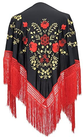 La Senorita Spanish Flamenco Dance Shawl black red gold with red Fringes