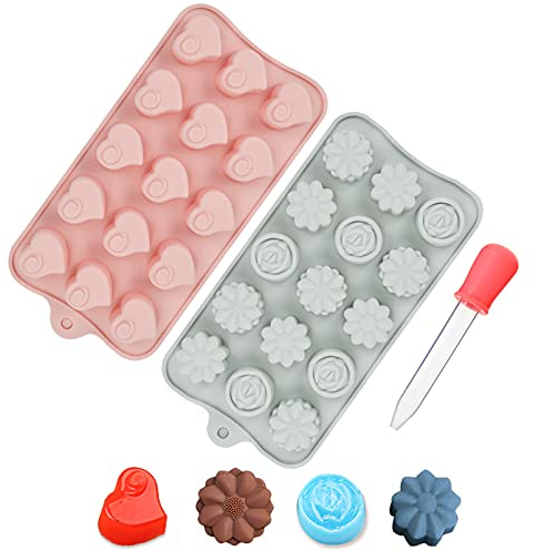 JUSONEY Silicone Moulds for Wax Melts - 2 PCS Cute Flower and Heart Silicone Molds with Dropper - Non-Stick Food Grade Silicone Mould for Chocolate Cookie, Candy, Cake, Ice Cube, Jelly