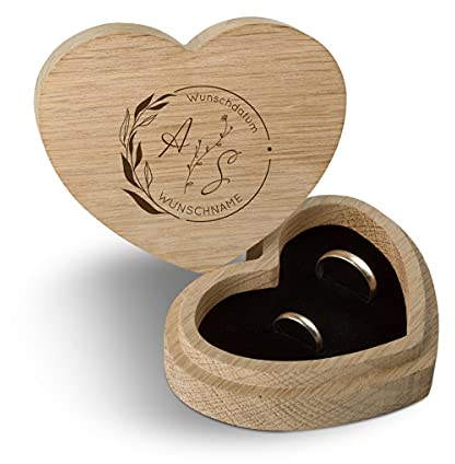 Hochzeit Ringbox Herz Ringkissen Ringschachtel individuell 10 x 8,5 cm Eichenholz - Blumen Initialen