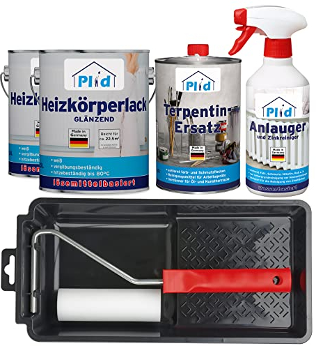 Plid® Heizkörperlack lösemittelhaltig Thermolack Metalllack Heizkörperfarbe Lack Farbe für heizkörperverkleidung schnelltrocknend 2in1 hitzebeständig 80° Glänzend Weiß Terpentinersatz 5l Premium Set