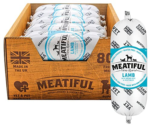 Meatiful | Complete Wet Dog Food, Farm-Reared Lamb with Brown Rice & Vegetables | Natural Ingredients with Added Vitamins & Minerals | 80% Lamb | Hypoallergenic & Gluten Free (10 x 320g)
