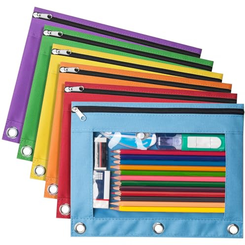 Forvencer 6Pack Pencil Pouches for 3 Ring Binder, Smooth Zipper 3 Ring Binder Pencil Pouch, Multi-Color Pencil Case for Binder, Clear Top Binder Pencil Pouch, Pencil Bag with 3 Re-enforced Grommets