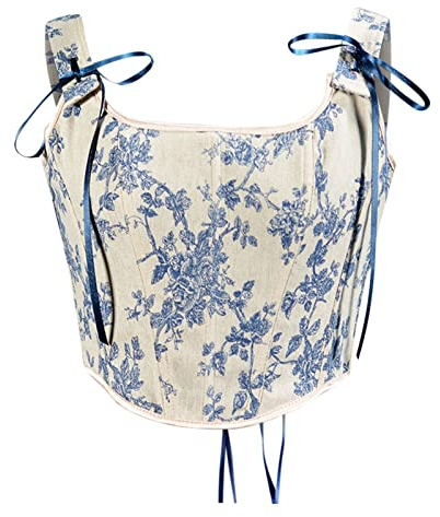 AMhomely Women's Rococo Lace Corset Tops Sleeveless Spaghetti Strap Bustier Cami Tanks Push Up Corset Crop Top Vintage Streetwear, 03 Blue, L