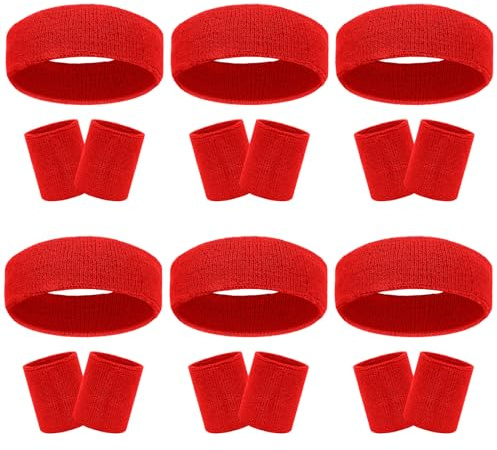 18 Pcs Sweatbands Headband Wristband Set Colorful Striped Terry Cloth Sports Athletic Gym 80s Sweat Headbands Wrist Bands (Red)