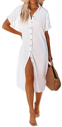 UMIPUBO Women's Swim Cover-Ups Casual Short Sleeve Beachwear Swimsuit Bikini Cover-Up Button Down Side Split Long Kimonos Bathing Suit Cardigans Beach Dress