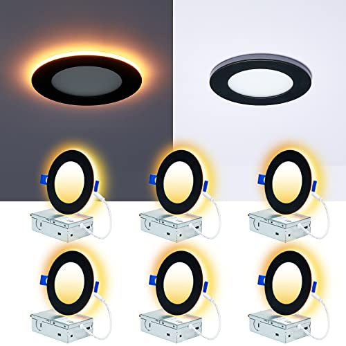 CycevSun 6 Pack Black Recessed Lights 4 Inch with Night Light, Canless Ultra Thin Wafer Downlight Pot Outdoor Exterior Soffit Lighting, Dimmable & 5 Color Selectable, 9W, ETL & Energy Star