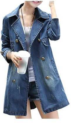 Giacca In Jeans Donna,Blazer Giacca Di Jeans Lavato Da Donna Risvolto Dentellato Giacca Di Jeans Allentata Casual Cappotto Elasticizzato Giacca Di Transizione Doppio Petto Di Media Lunghezza Outwear