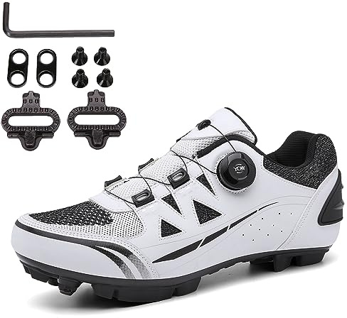 PENXZT Zapatilla de Ciclismo Hombre Zapatos Bicicleta de Carretera MTB, Compatible con Pedales Shimano SPD 2 Pernos con Tacos Zapatillas De Ciclismo con Plantillas Amortiguadoras,Blanco,43 EU