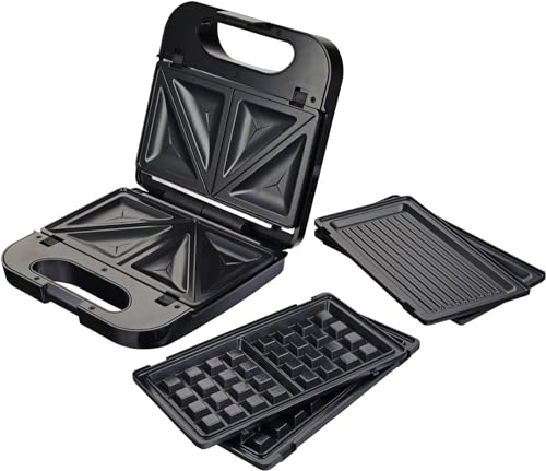 Grunkel - Sandwichera con placas intercambiables (2 sandwiches con corte, grill y 2 gofres). Superficie antideslizante y antiadherente de 850W de potencia y tacto frío. Color acero inoxidable.