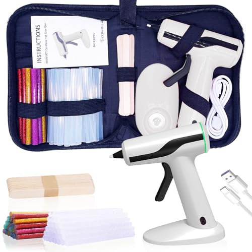 MONVICT Cordless Hot Melt Glue Gun, Smart Power-Off with 2.2 Ah Built-in Battery USB-C Rechargeable Mini Glue Gun Kit, 40 Pcs Glue Sticks, 10 Pcs Craft sticks, Carrying Case for DIY Craft Gift, White