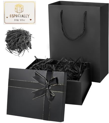 Geschenkbox mit Deckel, Geschenkbox Geburtstag, Rechteckige Geschenkverpackung Geburtstag mit Schleife, Geschenkkarton mit Deckel Raffia und Grußkarten, für Hochzeiten Jahrestage (Schwarz)