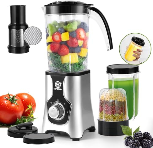 SUPERLEX 4-in-1 Jug Blender 1.25L, 400W 22000 RPM Electric Smoothie Maker Set, Multifunctional Blender for Juicing, Grinding, Ice Crushing – Portable Mixer with Stainless Steel Blades & Travel Bottles