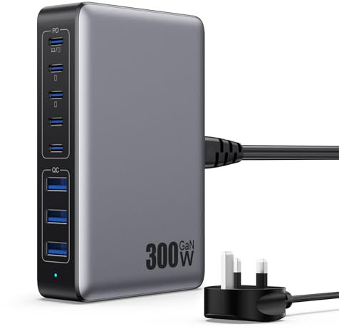 USB C Charger 300W USB C Charger Block 8-Ports GaN IV Fast Charging Station,PD 100W Laptop Charger Hub Wall Charger Adapter Compatible with MacBook/Air,DELL,Steam Desk,iPhone 16/15/14,Android etc