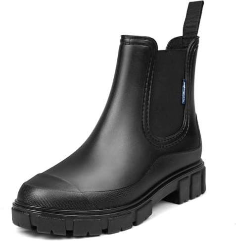 HAGOT Botas De Agua Mujer, Chelsea Wellington Boots Lluvia, Impermeables Botas Lluvia de agua redondas, Flexible y Antideslizante Zapatos de Lluvia de Goma, Negro, 39 EU
