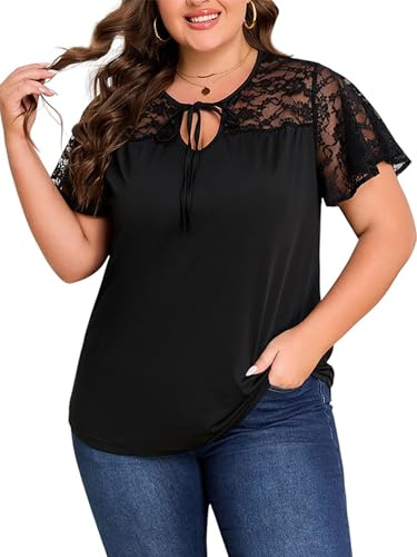 LapaPlus Plus Size Summer Tops for Women Tie Front Bow Knot Crew Neck Lace Ruffle Short Sleeve Tshirts Tee Casual Blouse Black