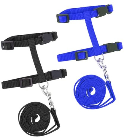 KEQAR 2 set di guinzagli per animali domestici, guinzaglio regolabile per gattini e conigli (nero, blu)