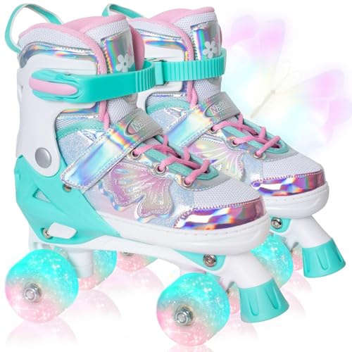 Nattork Kinder Rollschuhe für Mädchen, Verstellbar Rollschuhe Cyan für Kleine Kinder im Alter von 4, 5, 6 und 7 Jahren Drinnen und Draußen Sport