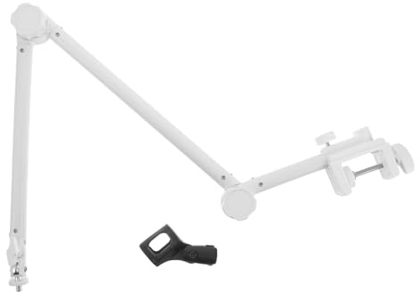 MUELODSIC Soporte de Micrófono de Mesa Metálico Resistente con Brazo Articulado Ajustable para Podcasting Streaming y Grabación Profesional Incluye Clip y Base Blanca Compacta