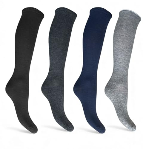Calze Lunghe Donna Caldo Cotone, Termiche, Fantasia Colorata, Righe,Morbide e Traspiranti, Perfette per Inverno, Uso Quotidiano Confortevoli e Resistenti 4 Paia(35-40, Set Lunghe Senza Elastico)
