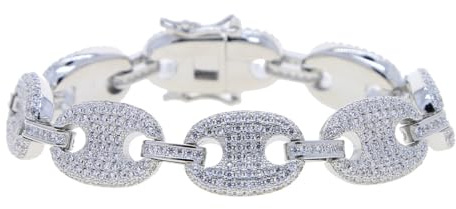 14K Gold Over S925 Coffee Bean Moissanite Bracelet, 12mm Dense Pave Hip Hop Chain for Men, Unique & Bold accessory for a Confident Style (7 Inch,White)