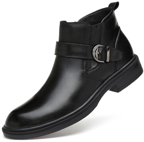 Botas Chelsea de piel auténtica con puntera puntiaguda para hombre, con hebilla ajustable, cremallera interior, botines casuales formales de negocios, Peluche negro 1, 41 1/3 EU
