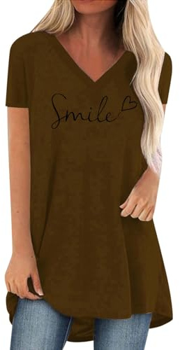 T-shirt damer v-ringad lång skjorta kortärmad löst sittande t-shirt tunika enfärgad baströja lång blus toppar italienskt mode lång tröja lång blus damer ledig, kaffe, M